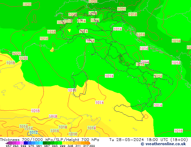 Thck 700-1000 hPa ECMWF mar 28.05.2024 18 UTC