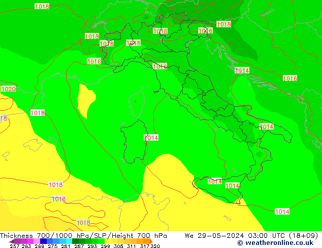 Thck 700-1000 hPa ECMWF mer 29.05.2024 03 UTC