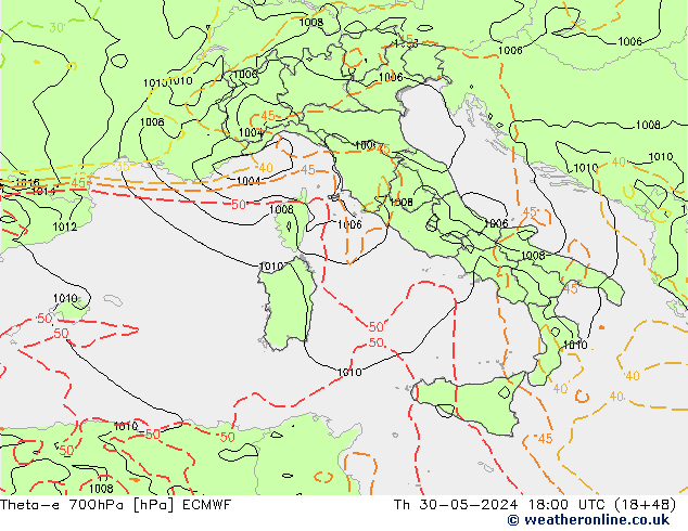 Theta-e 700hPa ECMWF jue 30.05.2024 18 UTC