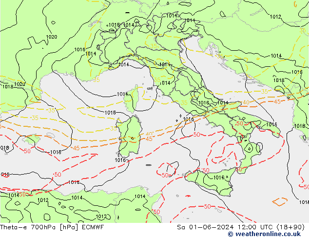 Theta-e 700hPa ECMWF So 01.06.2024 12 UTC