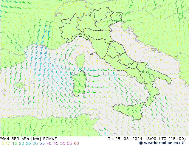 wiatr 850 hPa ECMWF wto. 28.05.2024 18 UTC