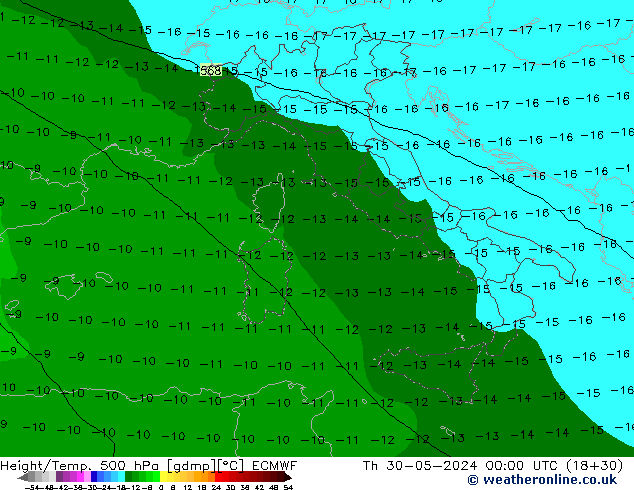 Z500/Rain (+SLP)/Z850 ECMWF Čt 30.05.2024 00 UTC