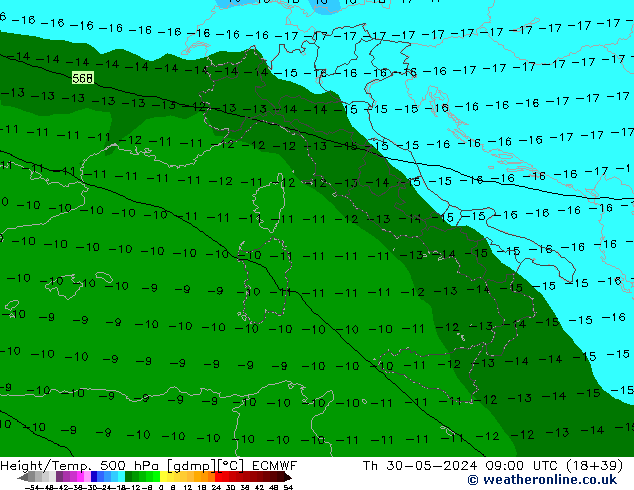 Height/Temp. 500 hPa ECMWF Th 30.05.2024 09 UTC