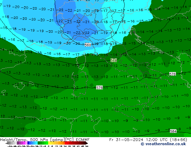 Height/Temp. 500 hPa ECMWF pt. 31.05.2024 12 UTC