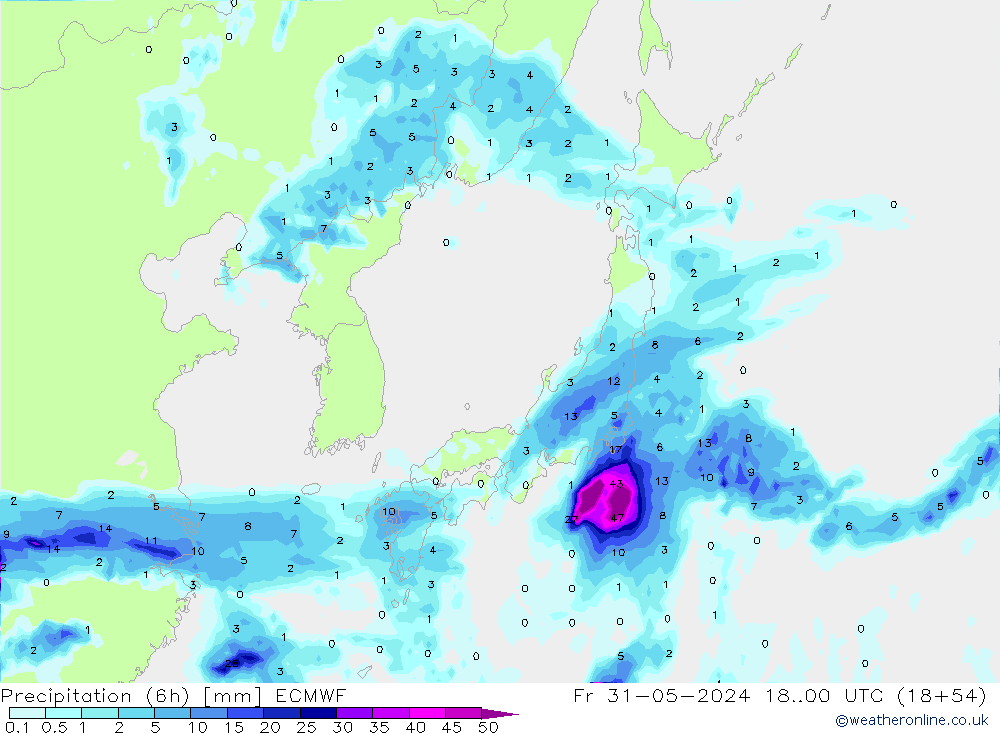 Prec 6h/Wind 10m/950 ECMWF пт 31.05.2024 00 UTC