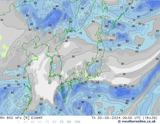 RV 850 hPa ECMWF do 30.05.2024 09 UTC