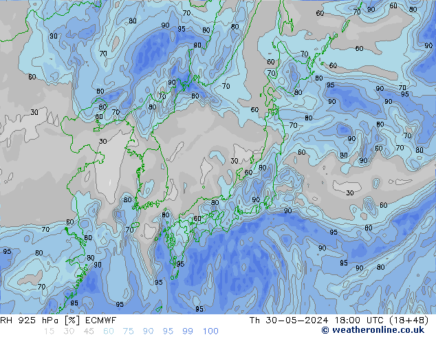 Humidité rel. 925 hPa ECMWF jeu 30.05.2024 18 UTC