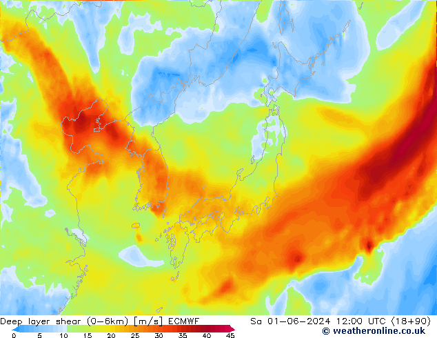 Deep layer shear (0-6km) ECMWF  01.06.2024 12 UTC