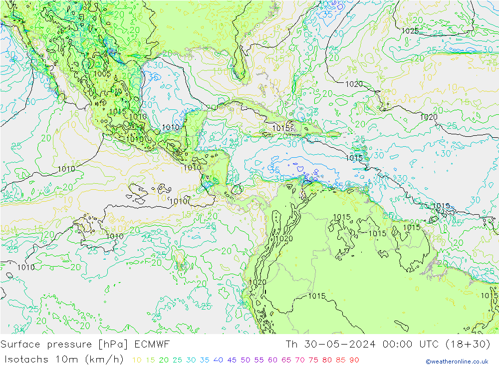 Izotacha (km/godz) ECMWF czw. 30.05.2024 00 UTC