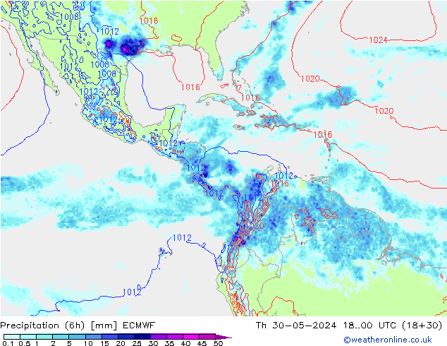 Totale neerslag (6h) ECMWF do 30.05.2024 00 UTC