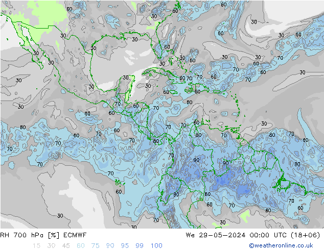 RH 700 hPa ECMWF śro. 29.05.2024 00 UTC