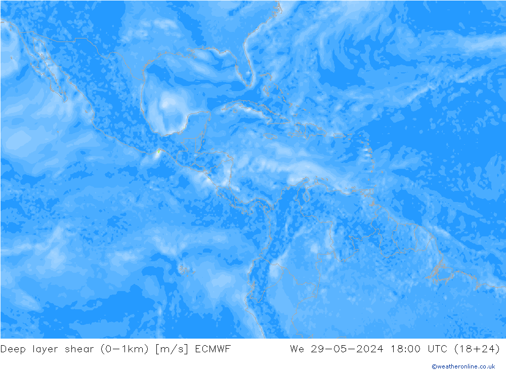 Deep layer shear (0-1km) ECMWF mer 29.05.2024 18 UTC