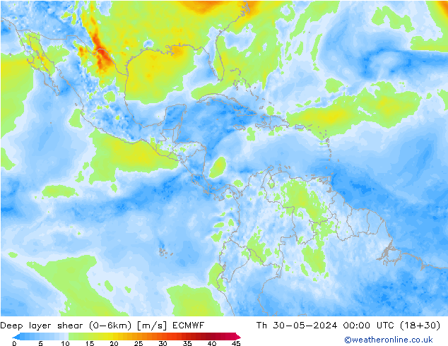 Deep layer shear (0-6km) ECMWF czw. 30.05.2024 00 UTC