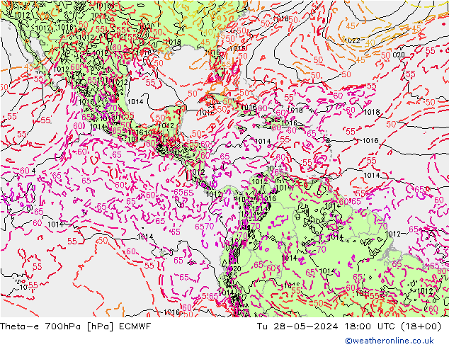 Theta-e 700hPa ECMWF Sa 28.05.2024 18 UTC