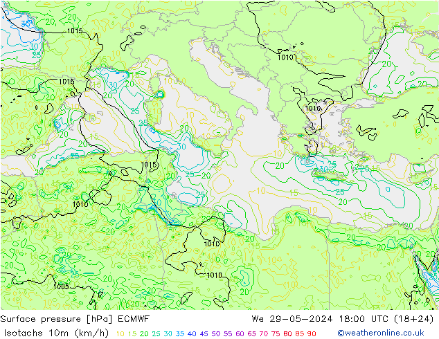 Isotachs (kph) ECMWF mer 29.05.2024 18 UTC