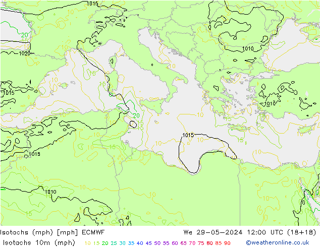 Isotachen (mph) ECMWF Mi 29.05.2024 12 UTC