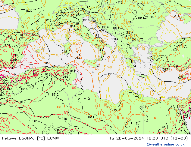 Theta-e 850hPa ECMWF wto. 28.05.2024 18 UTC