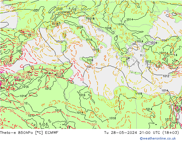 Theta-e 850hPa ECMWF di 28.05.2024 21 UTC