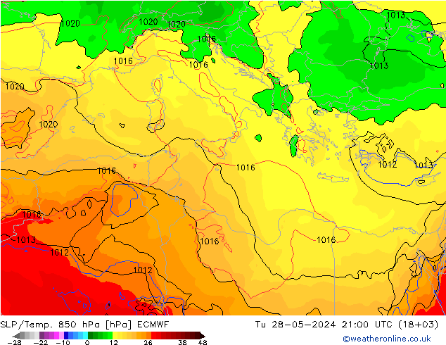 SLP/Temp. 850 hPa ECMWF di 28.05.2024 21 UTC