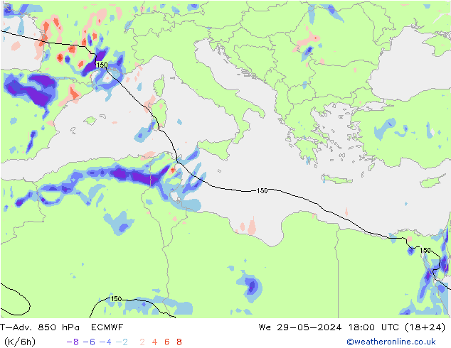 T-Adv. 850 hPa ECMWF mer 29.05.2024 18 UTC