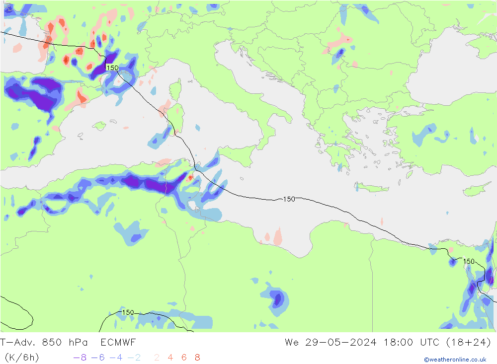 T-Adv. 850 hPa ECMWF wo 29.05.2024 18 UTC