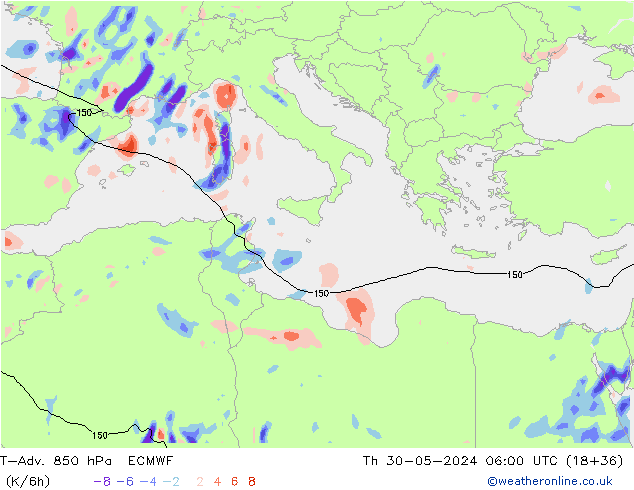 T-Adv. 850 hPa ECMWF Th 30.05.2024 06 UTC