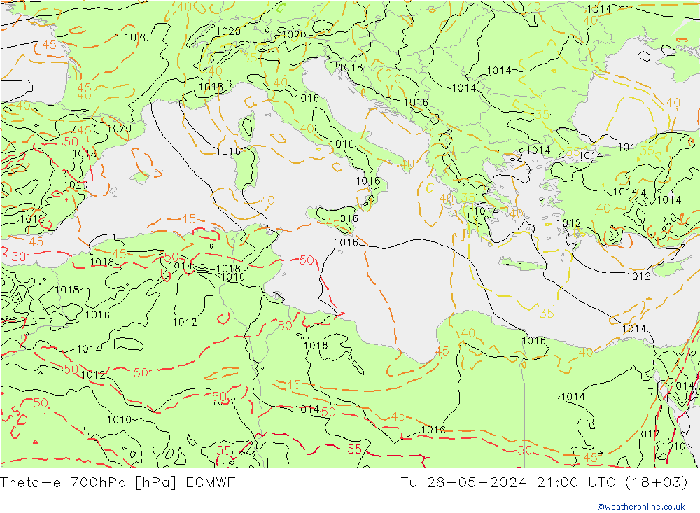 Theta-e 700hPa ECMWF Tu 28.05.2024 21 UTC