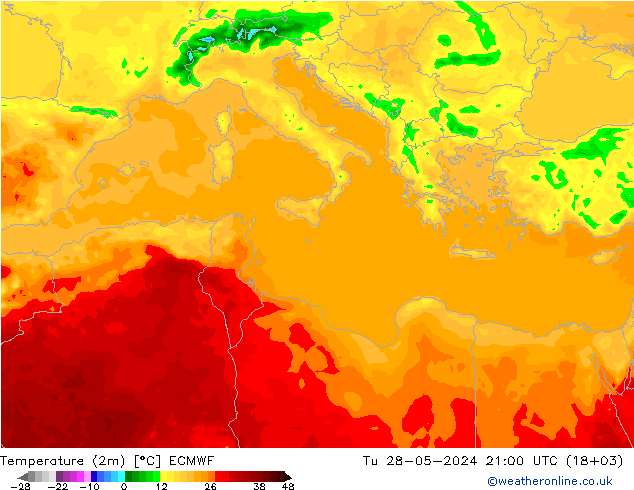 Temperatuurkaart (2m) ECMWF di 28.05.2024 21 UTC