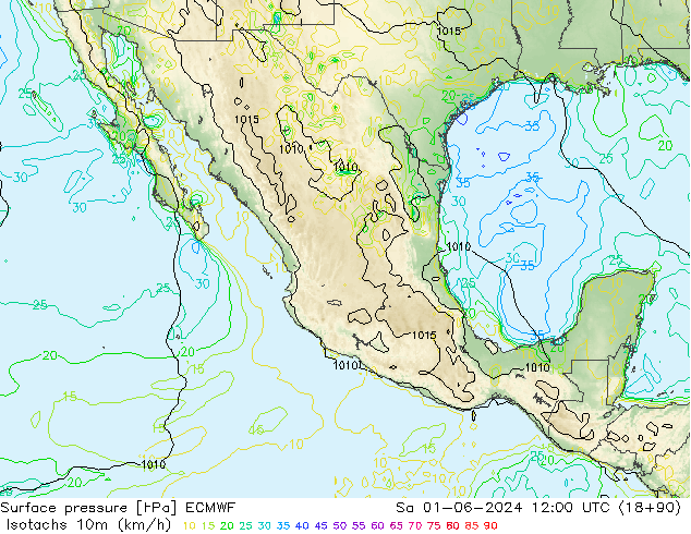 Isotachen (km/h) ECMWF za 01.06.2024 12 UTC