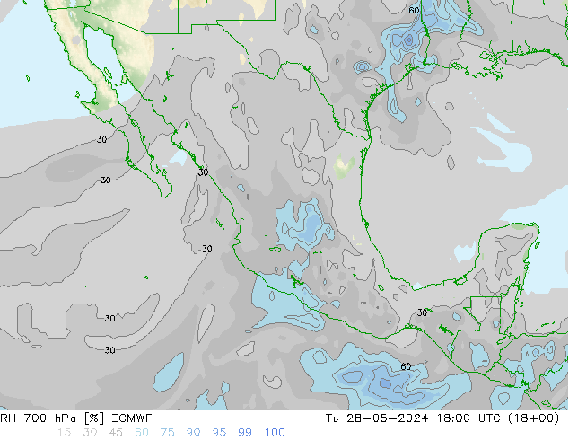 Humidité rel. 700 hPa ECMWF mar 28.05.2024 18 UTC