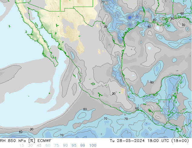 Humidité rel. 850 hPa ECMWF mar 28.05.2024 18 UTC