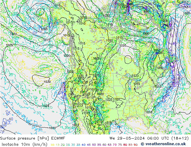 Isotaca (kph) ECMWF mié 29.05.2024 06 UTC