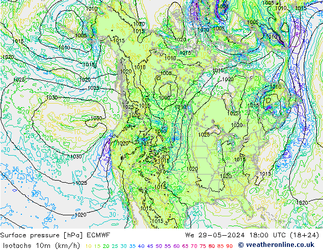 Isotachen (km/h) ECMWF Mi 29.05.2024 18 UTC