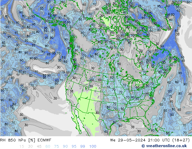 RH 850 hPa ECMWF We 29.05.2024 21 UTC