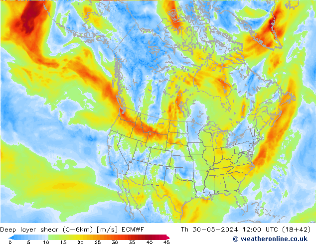 Deep layer shear (0-6km) ECMWF Th 30.05.2024 12 UTC