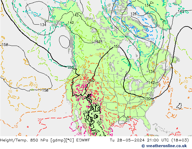 Height/Temp. 850 hPa ECMWF mar 28.05.2024 21 UTC