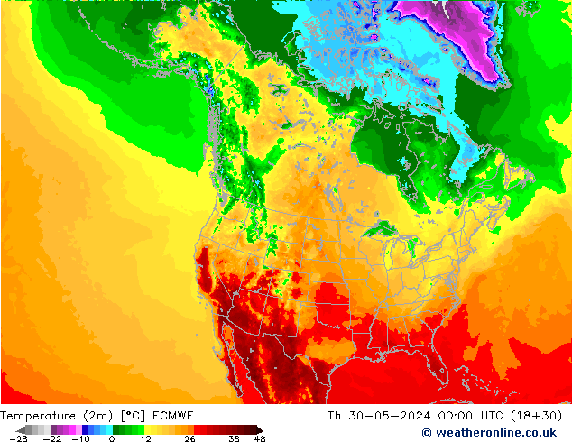 Temperatura (2m) ECMWF jue 30.05.2024 00 UTC