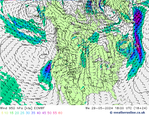 Viento 950 hPa ECMWF mié 29.05.2024 18 UTC