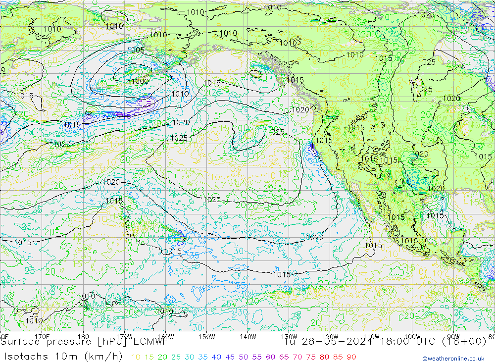 Eşrüzgar Hızları (km/sa) ECMWF Sa 28.05.2024 18 UTC