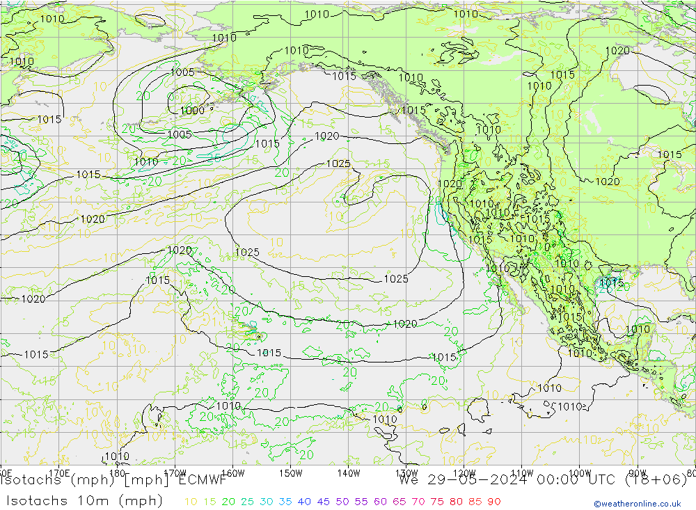 Isotaca (mph) ECMWF mié 29.05.2024 00 UTC