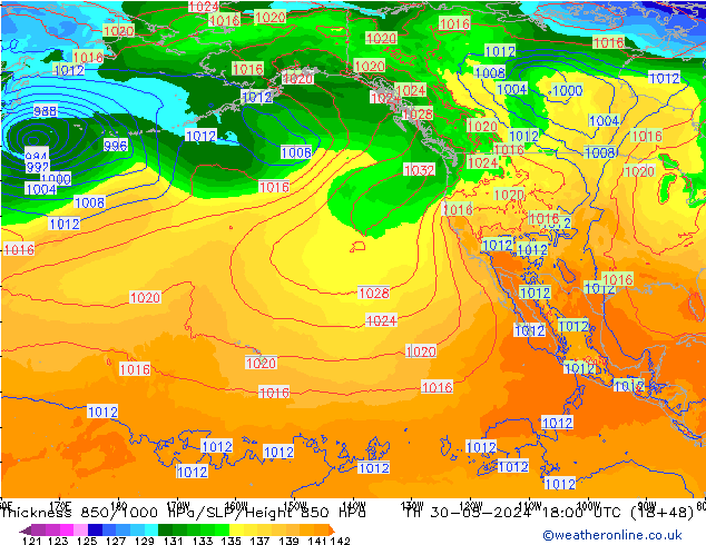 Thck 850-1000 hPa ECMWF czw. 30.05.2024 18 UTC