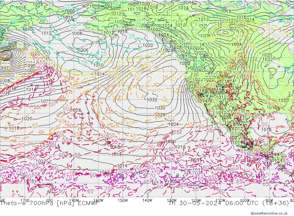 Theta-e 700hPa ECMWF Čt 30.05.2024 06 UTC