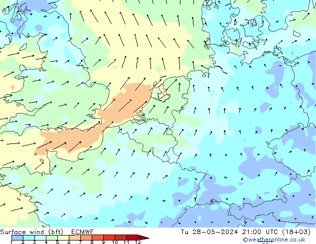 Vento 10 m (bft) ECMWF mar 28.05.2024 21 UTC