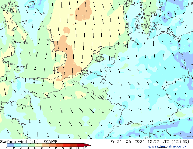 Rüzgar 10 m (bft) ECMWF Cu 31.05.2024 15 UTC