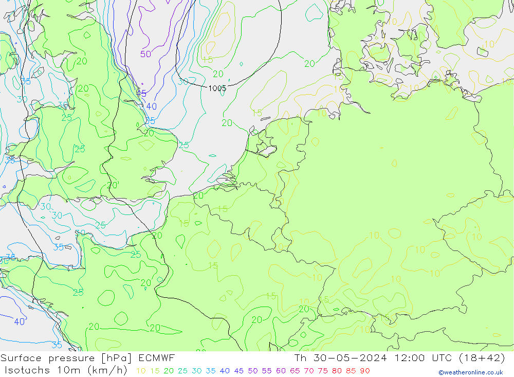 Isotachs (kph) ECMWF Čt 30.05.2024 12 UTC