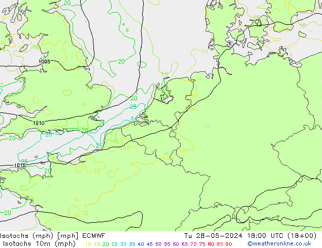 Isotachen (mph) ECMWF Di 28.05.2024 18 UTC