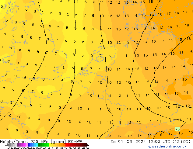 Height/Temp. 925 hPa ECMWF Sa 01.06.2024 12 UTC