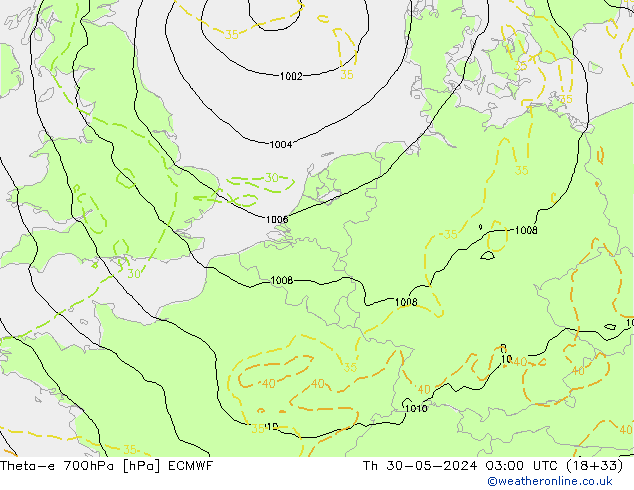 Theta-e 700hPa ECMWF do 30.05.2024 03 UTC