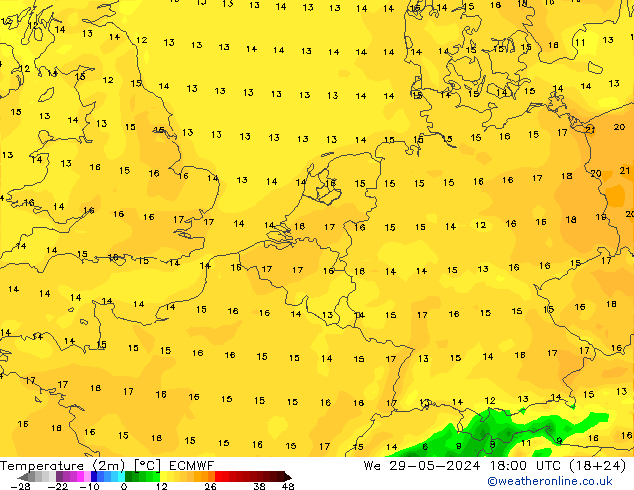 Temperatura (2m) ECMWF Qua 29.05.2024 18 UTC