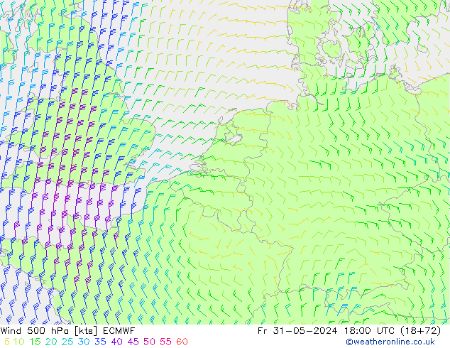 Wind 500 hPa ECMWF Fr 31.05.2024 18 UTC